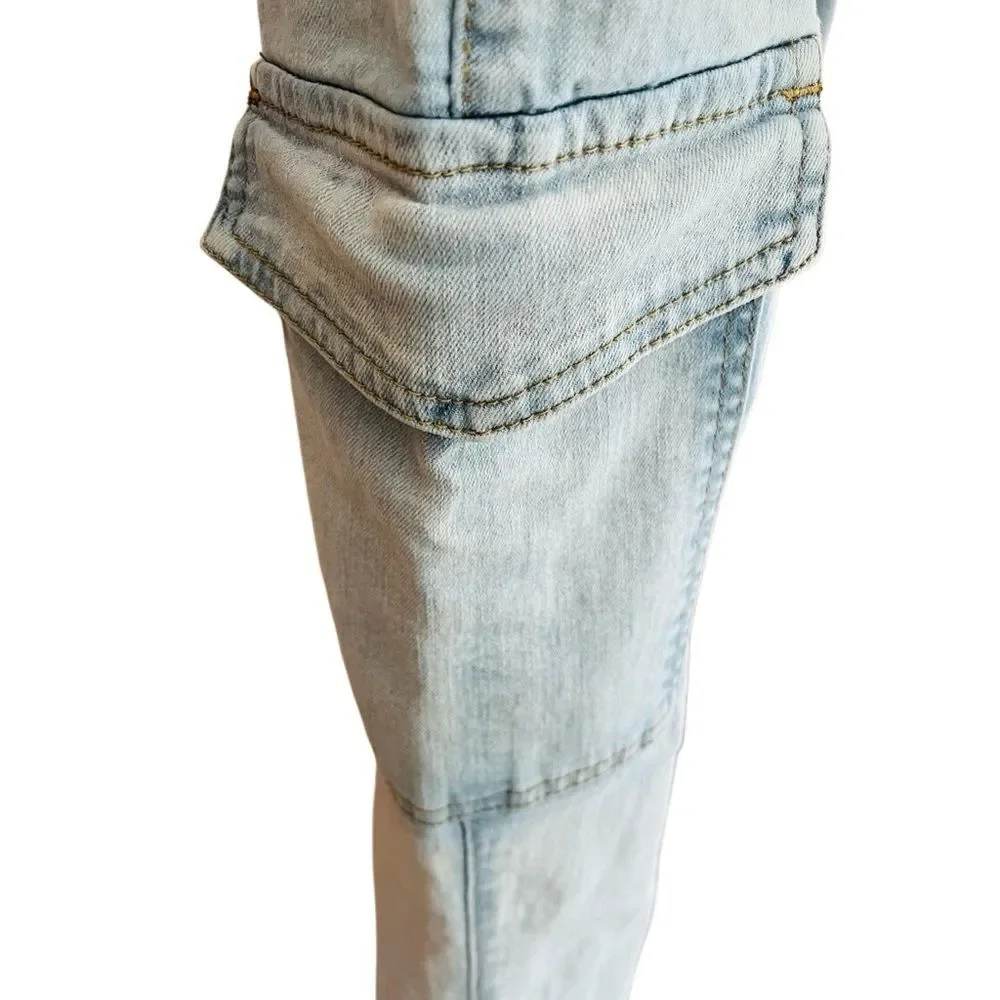 Almost Famous light blue wash drawstring cargo joggers jeans size Large.